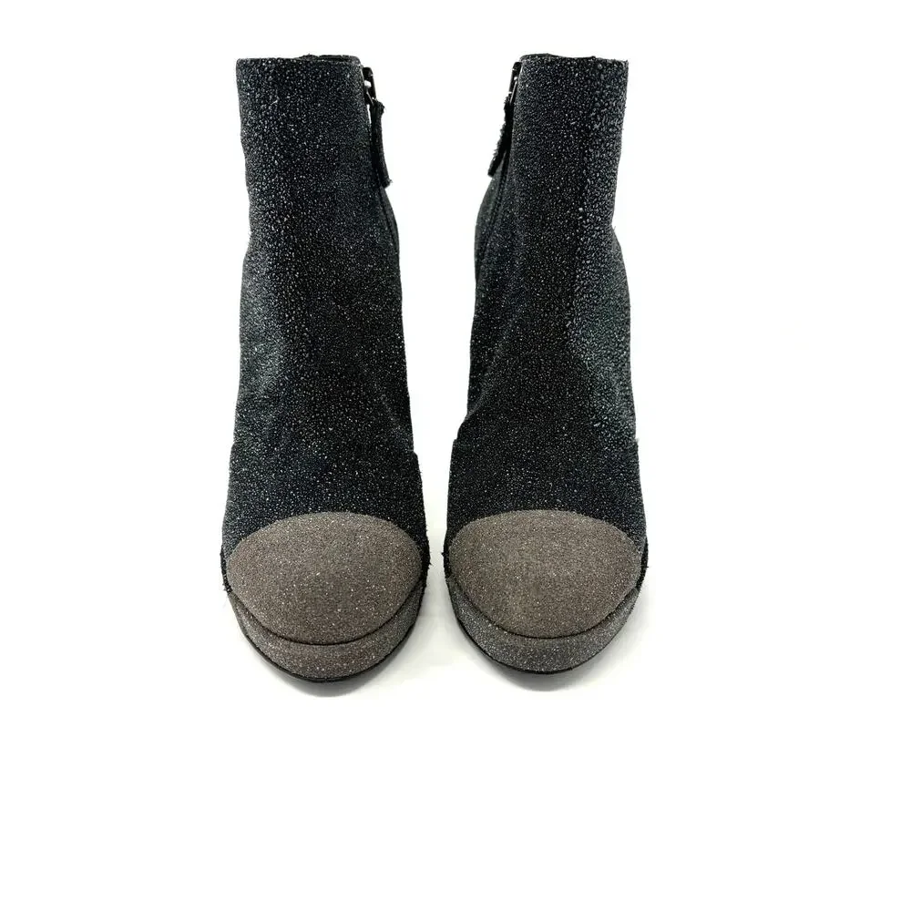 CHANEL Black Grey Glitter Leather Heel Booties Size 37 CC Logo